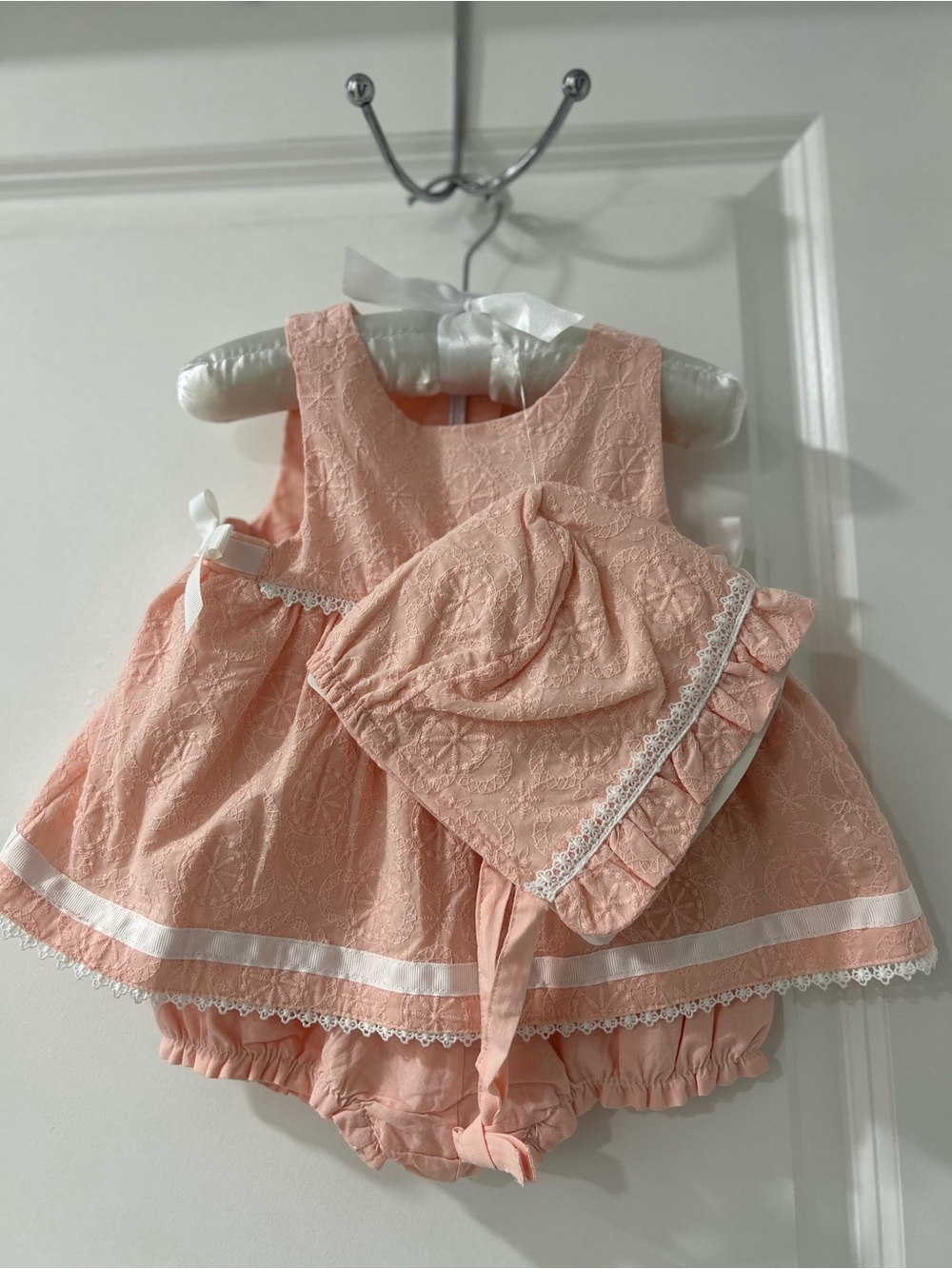 cupcakes & cashmere Peach Lace Baby Dress with Bonnet - Picture 1 of 3